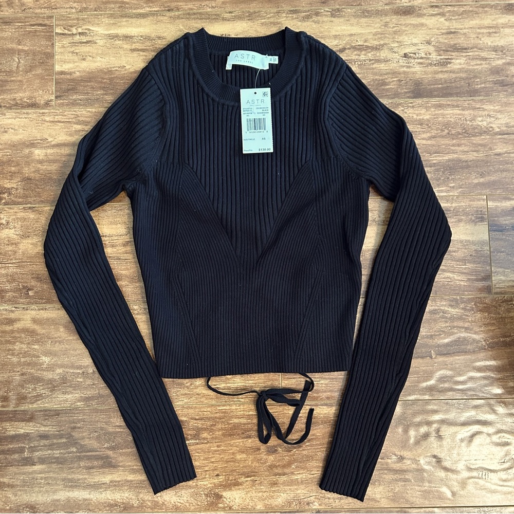 NWT ASTR The Label black knit sweater open back tie bodycon fit longsleeveXSmall